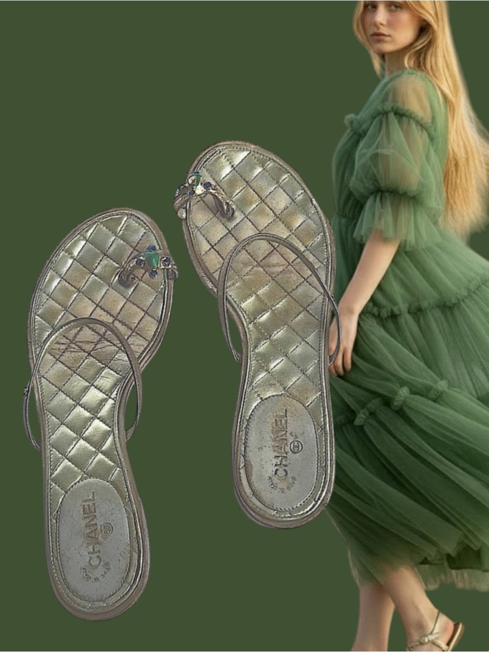 CHANEL Gold Quilted Logo Thong Sandals